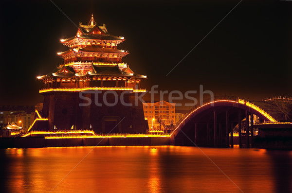 Antigua templo noche reflexión puente lago Foto stock © billperry