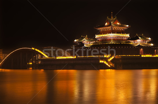 Ancient Temple Night Reflection Bridge Jinming Lake Kaifeng Chin Stock photo © billperry