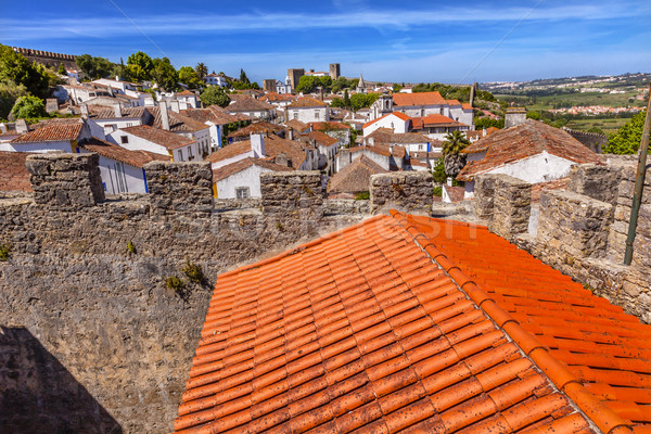 Stock photo: Castle Turrets Towers Walls Orange Roofs Obidos Portugal