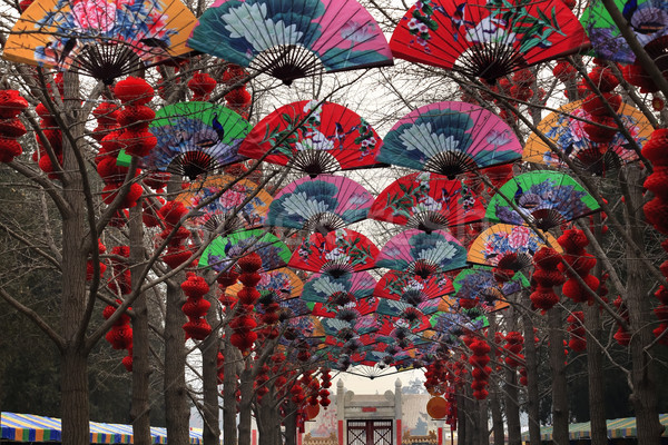 Paper Fans Lucky Red Lanterns Chinese Lunar New Year Decorations Stock photo © billperry