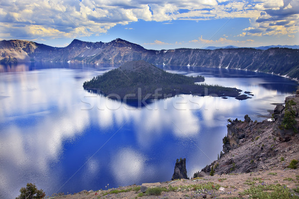 Wizard Island Crater Lake Reflection Clouds Blue Sky Oregon Stock photo © billperry