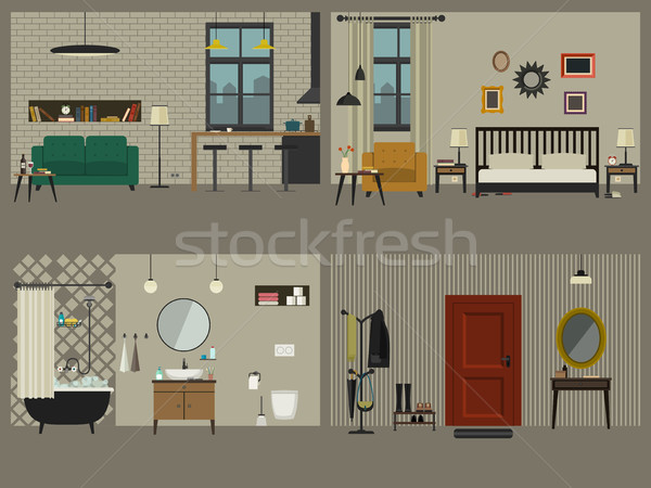 Szett lakás épületbelsők bútor ikon szett ikonok Stock fotó © biv