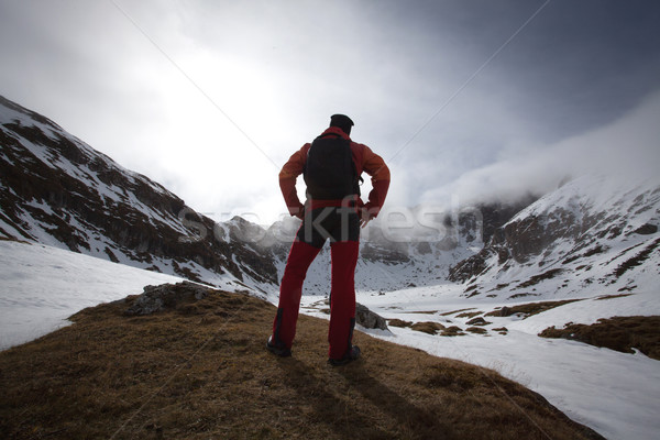 Man on mountain admiring Stock photo © blanaru