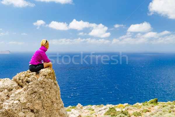 Happy trail runner looking at inspirational landscape view Stock photo © blasbike