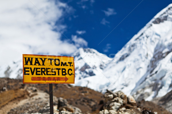 Foto stock: Monte · Everest · poste · indicador · manera · everest · campamento · himalaya