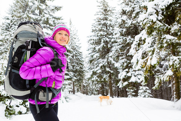 Happy woman walking in winter forest with dog Stock photo © blasbike