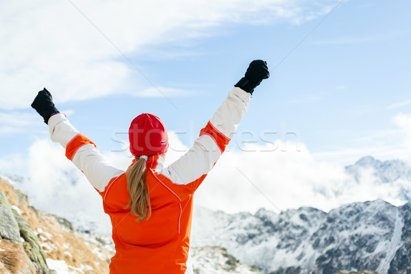 Stockfoto: Wandelen · succes · vrouw · winter · bergen · armen