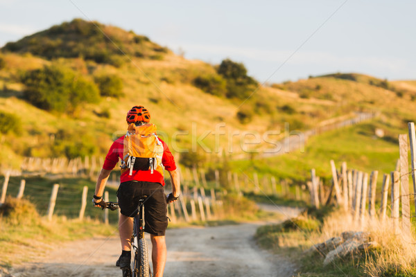 Stock photo: Bicycle riding enduro adventure in sunset mountains
