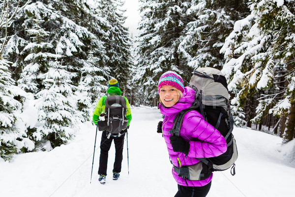 Couple heureux randonneurs trekking hiver bois Photo stock © blasbike