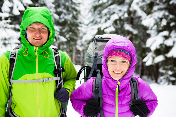 Pár boldog túrázók trekking tél erdő Stock fotó © blasbike