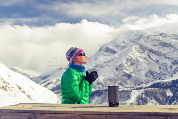 Woman drinking camping in inspirational mountain landscape Stock photo © blasbike