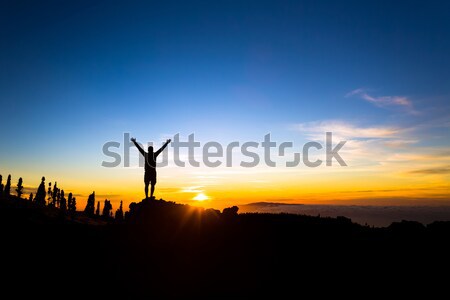 Stock photo: Man with arms outstretched celebrate mountains sunset