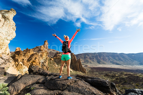 Stockfoto: Vrouw · wandelaar · armen · genieten · bergen · schoonheid