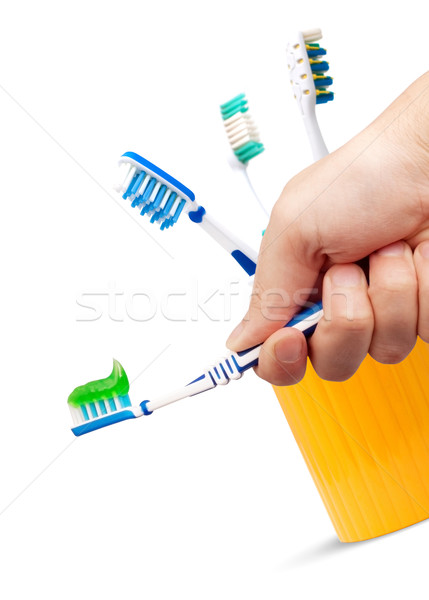 Brosse à dents dentifrice main isolé blanche fond [[stock_photo]] © bloodua