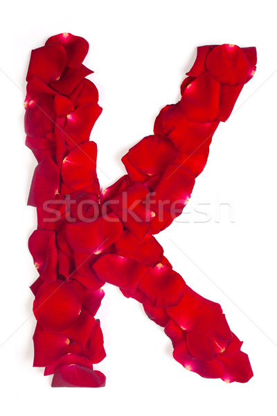 Stock photo: Letter K made from red petals rose on white