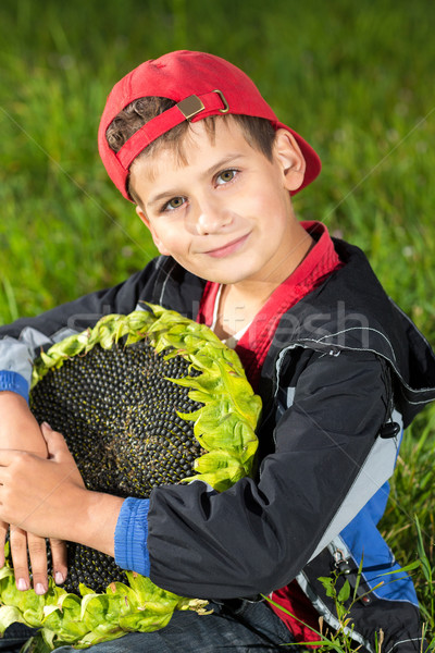 Young happy boy hold sunflower in a garden Stock photo © bloodua