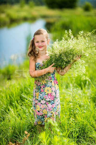 Dziewczynka trawy bukiet szczęśliwy Zdjęcia stock © bloodua