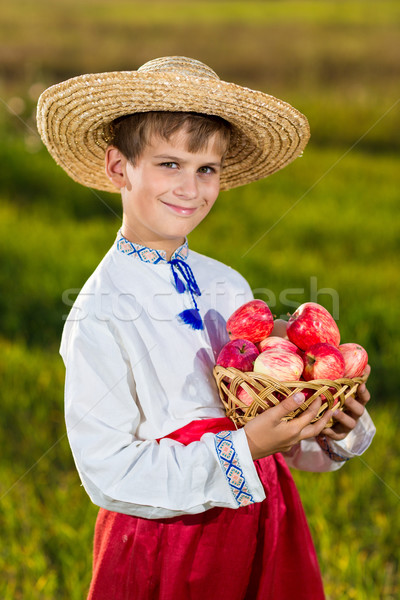 Stock foto: Glücklich · Landwirt · Junge · halten · Äpfel