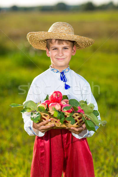 Stockfoto: Gelukkig · landbouwer · jongen · houden · organisch · appels