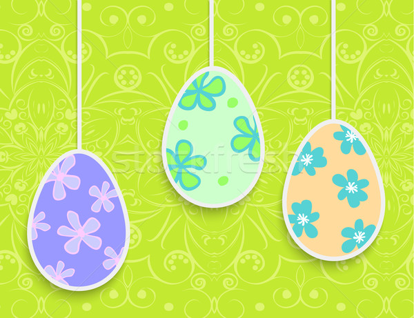 Stock photo: Easter background with hanging on the ropes eggs