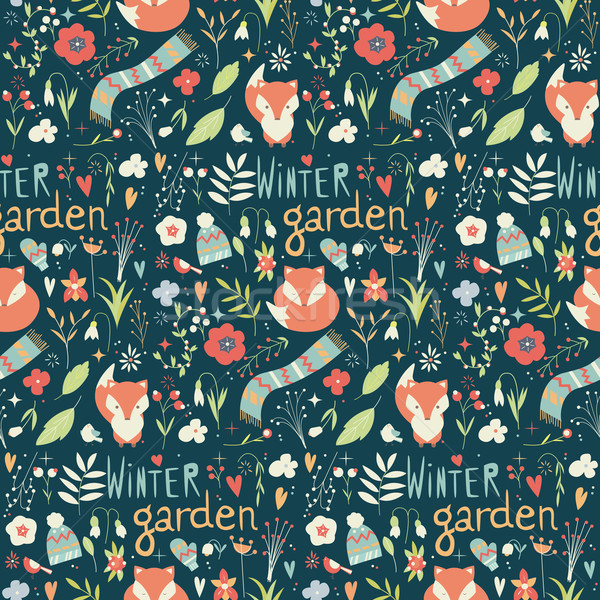 Seamless pattern with winter garden flowers, foxes and scarf, ha Stock photo © BlueLela