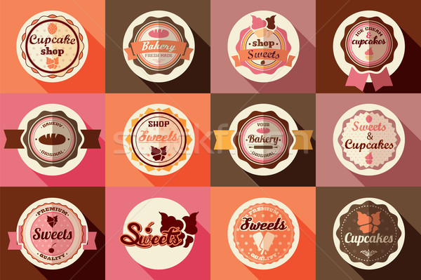 Stock photo: Collection of vintage retro ice cream and cupcake labels, stickers, badges and ribbons, vector illus