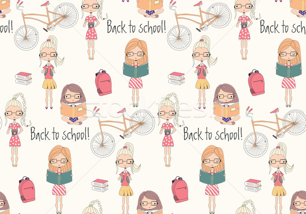 Back to school seamless pattern with school girls, bicycle and b Stock photo © BlueLela