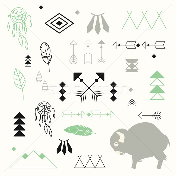 Collection of native American symbols with cute baby buffalo and Stock photo © BlueLela