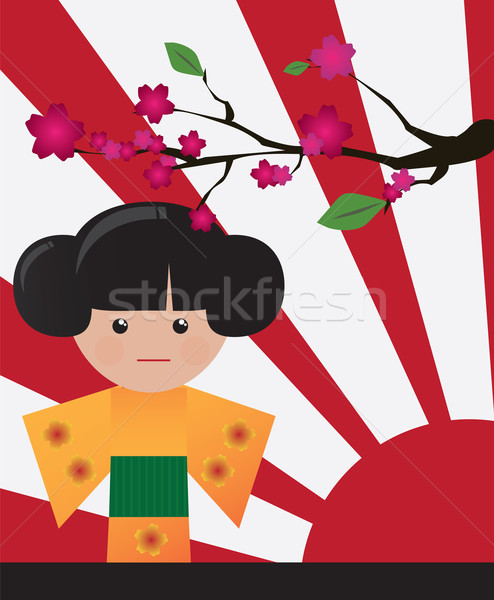 Stock photo: Little cute Japanese geisha character card with place for text, 