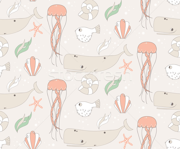 Seamless pattern with underwater scene, fish, whale, jelly fish Stock photo © BlueLela