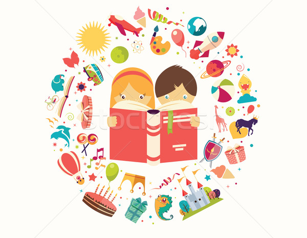 Stock photo: Imagination concept, boy and girl reading a book objects flying out, vector illustration