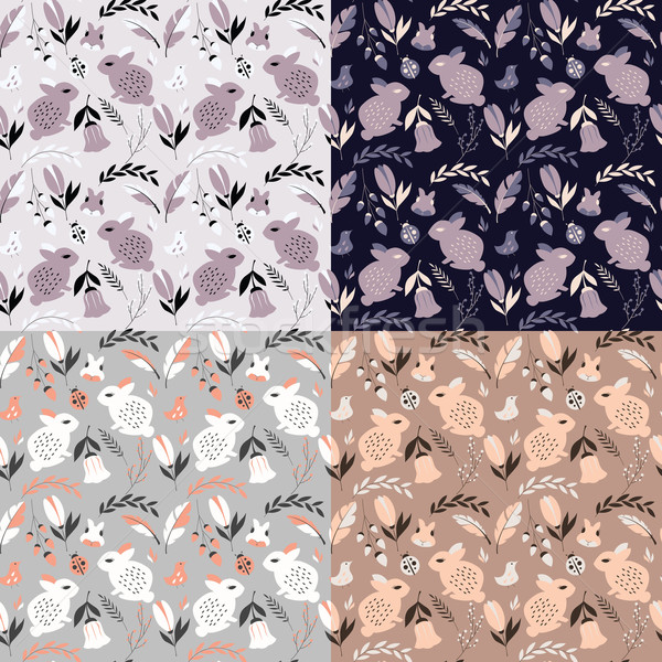 Collection of four seamless patterns with rabbits, lady bugs, birds and flowers, vector illustration Stock photo © BlueLela