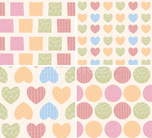 Stock photo: Four seamless patterns with ornamental line drawings, hearts, sq