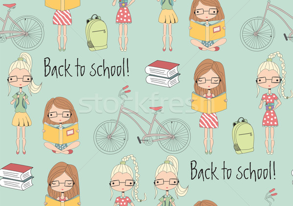 Back to school seamless pattern with school girls, bicycle and b Stock photo © BlueLela