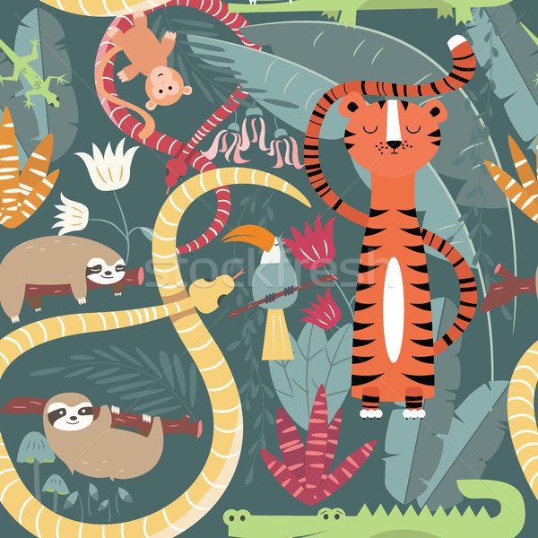 Seamless pattern with cute rain forest animals, tiger, snake, sloth Stock photo © BlueLela
