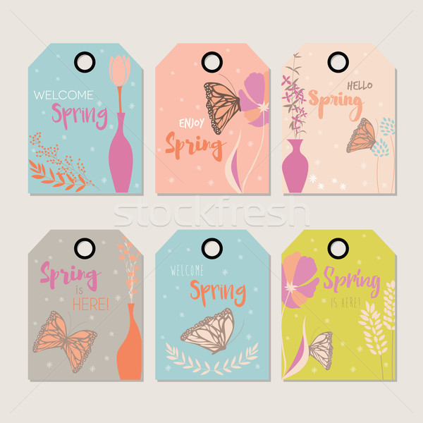 Spring floral gift tag design, with hand drawn flowers, floral elements, vases and monarch butterfli Stock photo © BlueLela