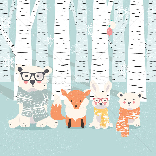 Merry Christmas postcard with bears, fox and rabbit in forest Stock photo © BlueLela