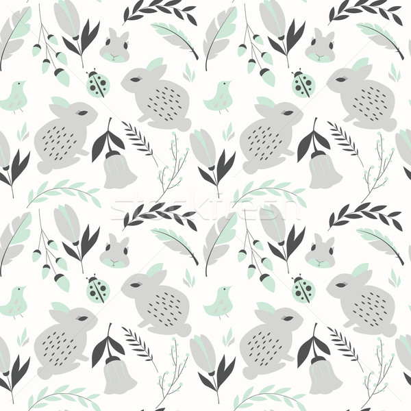 Seamless pattern with rabbits, lady bugs, birds and flowers Stock photo © BlueLela