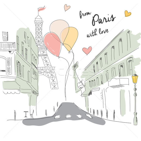 Postcard from Paris street, Eiffel tower and balloons, hand drawn Stock photo © BlueLela
