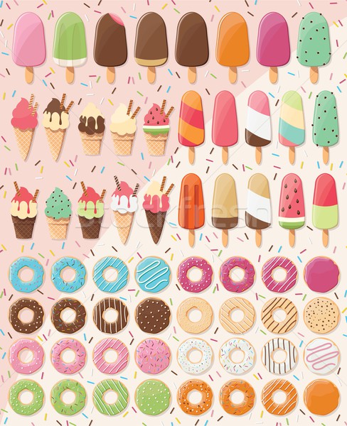 Stock photo: Huge collection of 28 ice creams and 32 donuts, delicious and tasty summer treats, vector illustrati