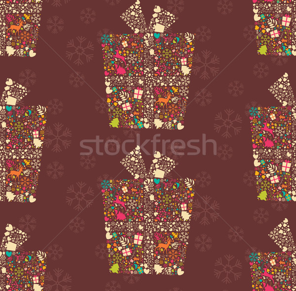 Seamless pattern with ornamental Christmas gift box with reindeers, snowflakes and flowers, vector i Stock photo © BlueLela