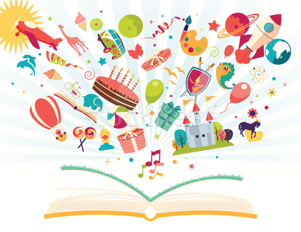 Imagination concept - open book with air balloon, rocket, airplane flying out Stock photo © BlueLela