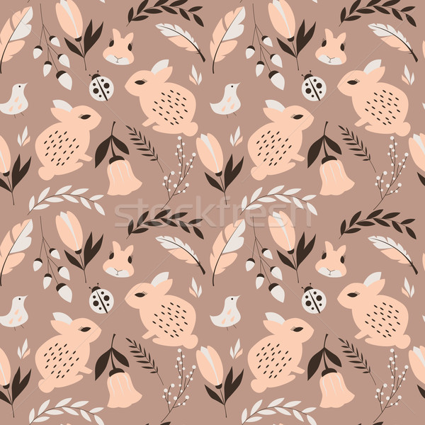 Seamless pattern with rabbits, lady bugs, birds and flowers, vector illustration Stock photo © BlueLela