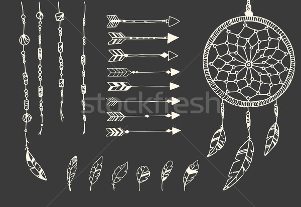 Hand drawn native american feathers, dream catcher, beads and arrows Stock photo © BlueLela