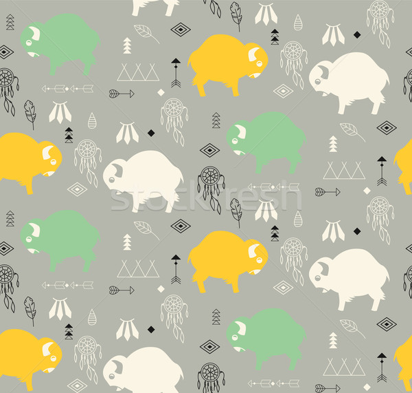 Seamless pattern with cute baby buffaloes and native American sy Stock photo © BlueLela