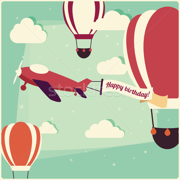 Stock photo: Birthday background hot air balloons and an airplane