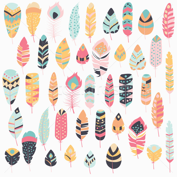 Collection of boho vintage tribal ethnic hand drawn colorful feathers, vector illustration Stock photo © BlueLela