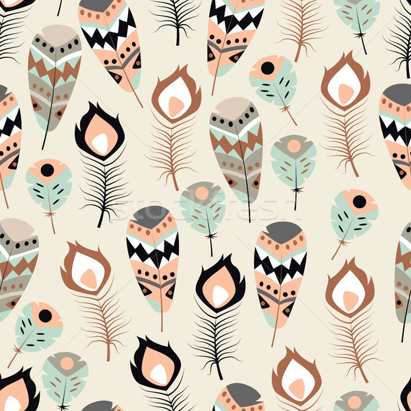 Stock photo: Seamless pattern with boho vintage tribal ethnic colorful vibrant feathers, vector illustration