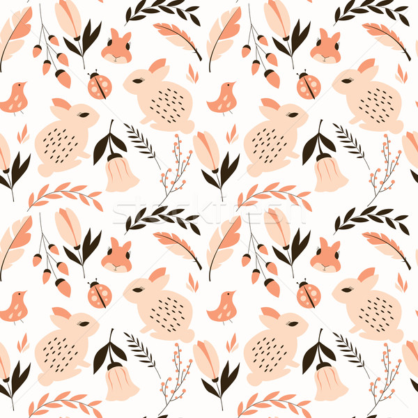 Seamless pattern with rabbits, lady bugs, birds and flowers Stock photo © BlueLela
