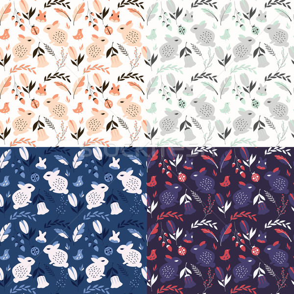 Collection of four seamless patterns with rabbits, lady bugs, birds and flowers, vector illustration Stock photo © BlueLela